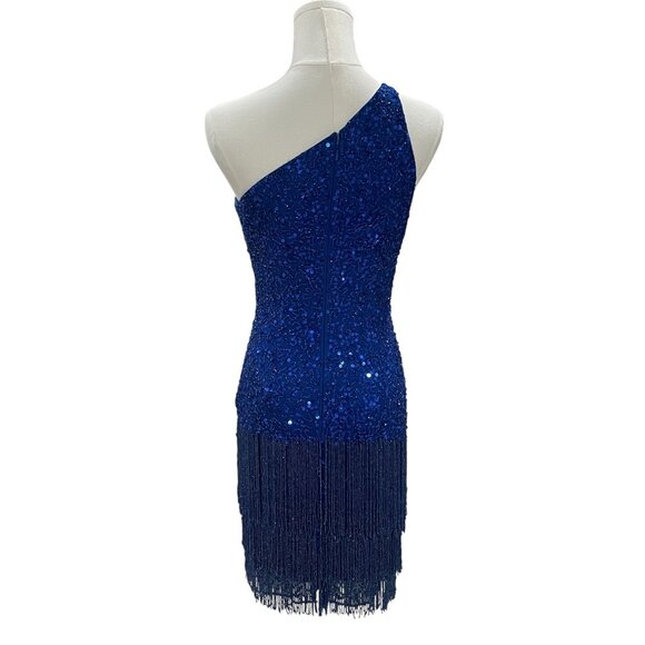 Mac Duggal Blue Fringe Sequin Dress Size 0 One Shoulder Party NYE Cocktail Glam - Picture 6 of 14